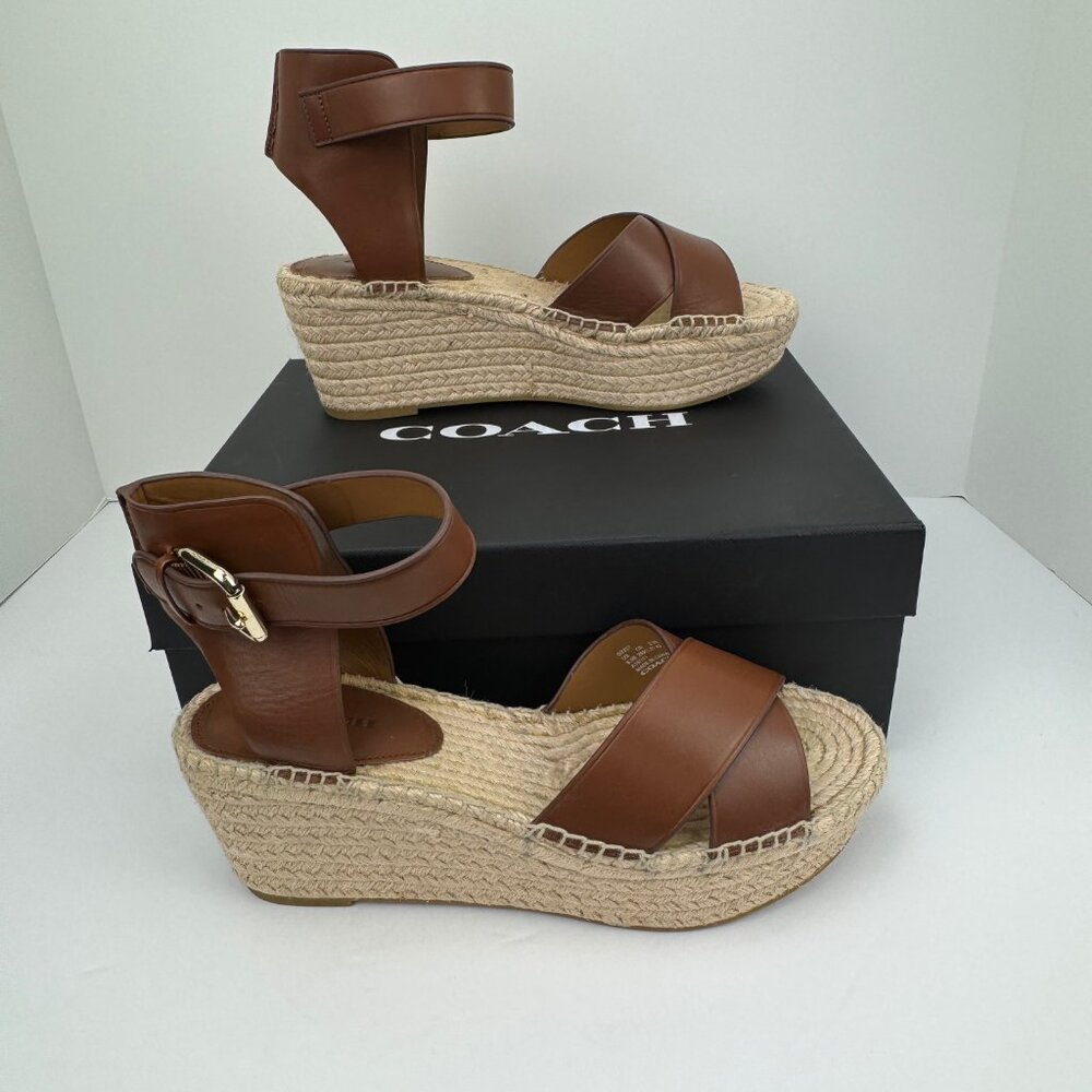 Coach Primrose Brown Leather Espadrille Platform Wedge Sandal